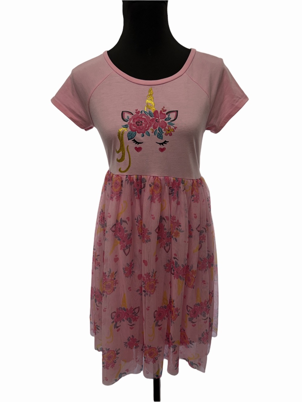 Wonder Nation XL 14-16 Plus Pink Unicorn Floral Glitter Tulle Dress